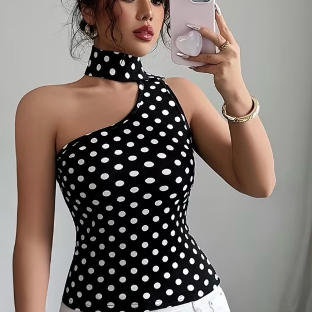 🤩HOST PICK🤩European Black and White Polka Dot asymmetrical halterw/open back - Picture 2 of 3